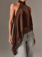 Asymmetrical Lace-Trim Halter Neck Cami Top