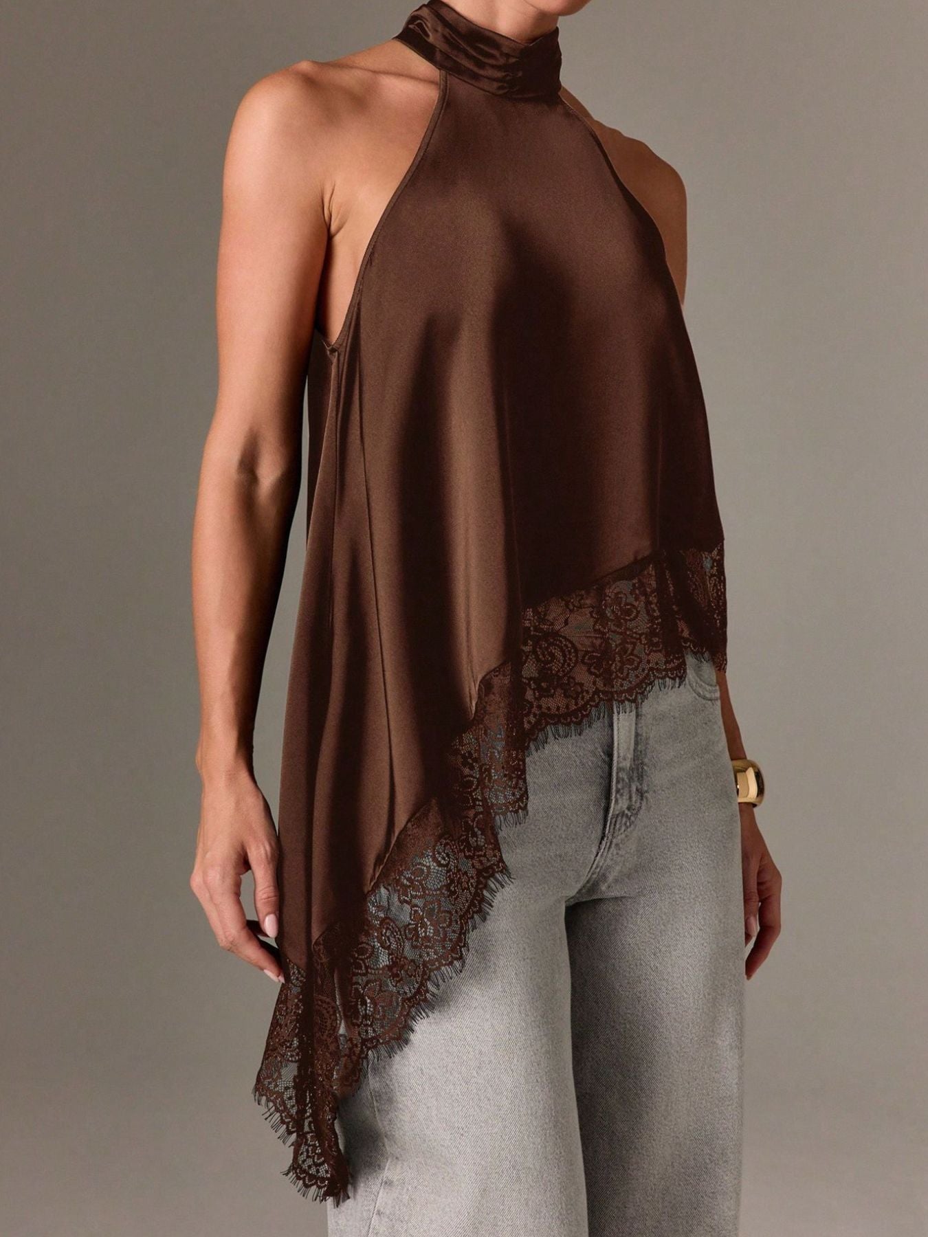 Asymmetrical Lace-Trim Halter Neck Cami Top