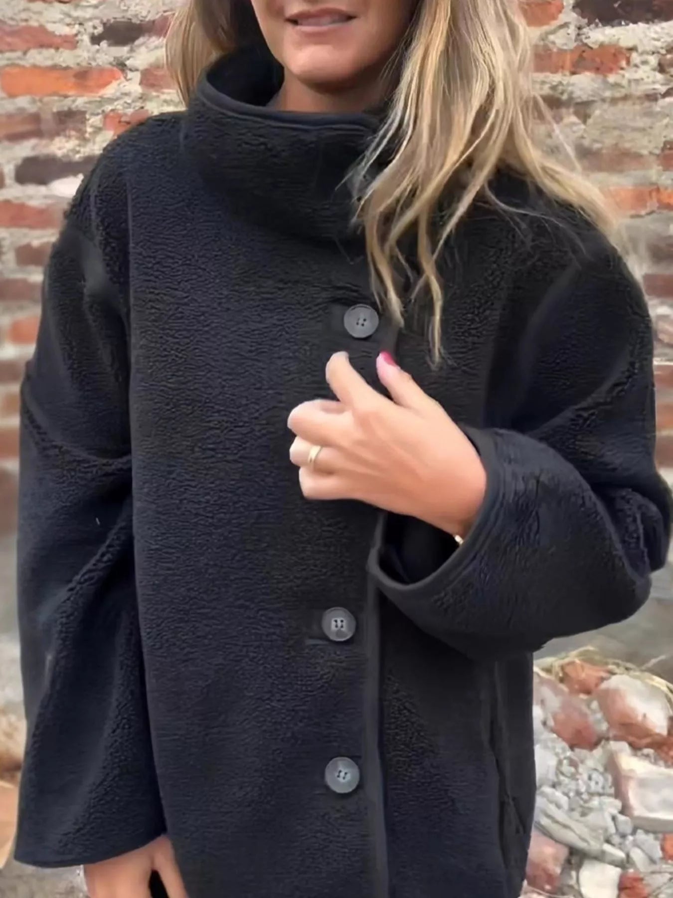 Button-Up Long Sleeve Fleece Jacket for Women – Plus Size