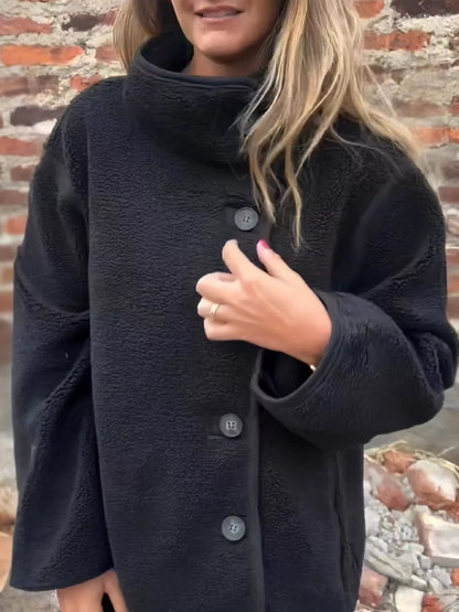 Button-Up Long Sleeve Fleece Jacket for Women – Plus Size