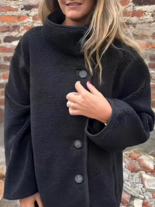 Button-Up Long Sleeve Fleece Jacket for Women – Plus Size