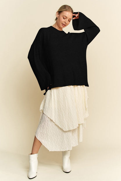 Davi & Dani High-Low Round Neck Drop Shoulder Sweater