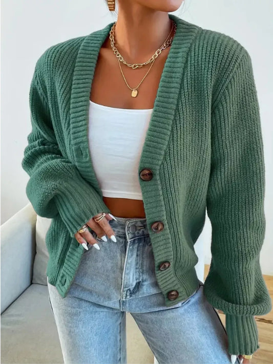 Cozy Chunky Knit Button-Front Cardigan Light Green
