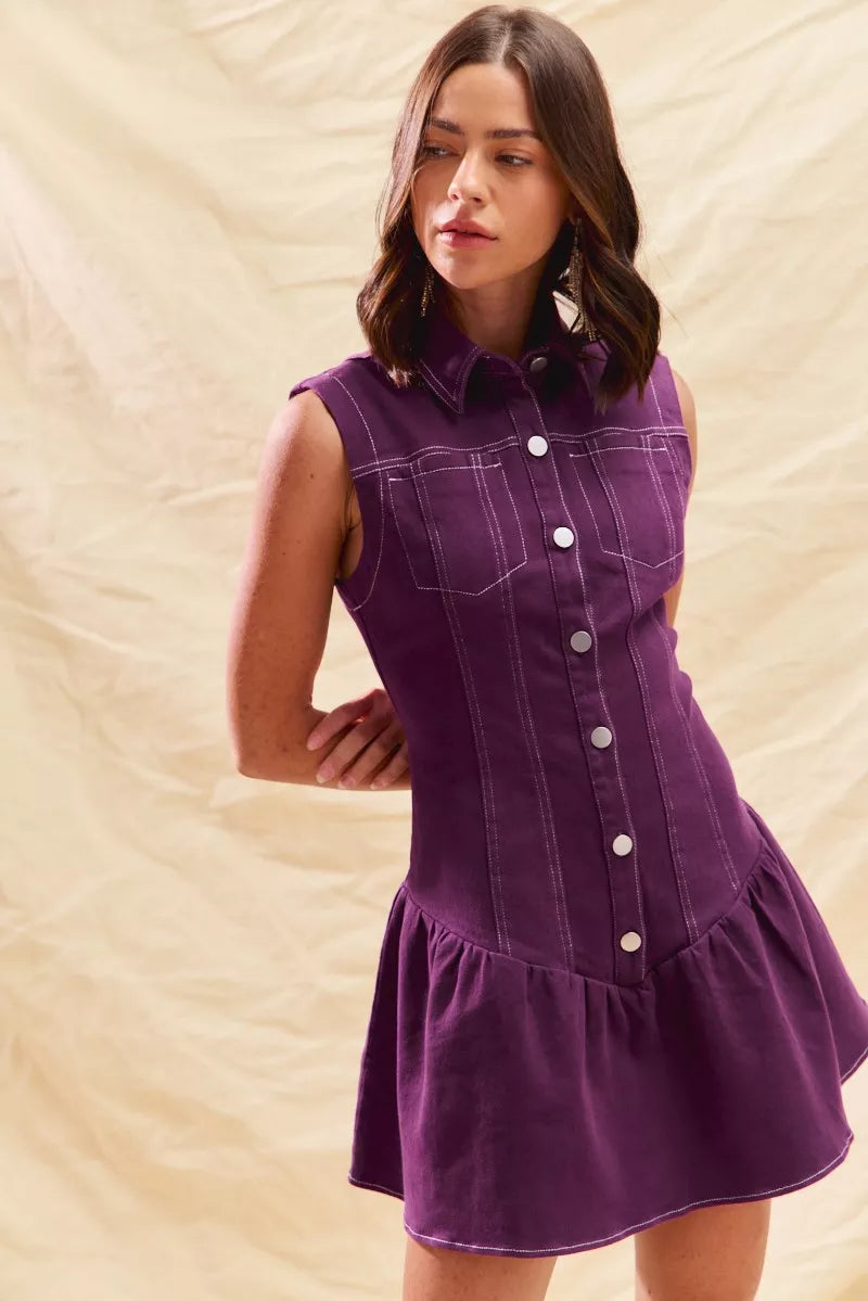 SO ME Sleeveless Collared Button-Down Mini Dress Purple