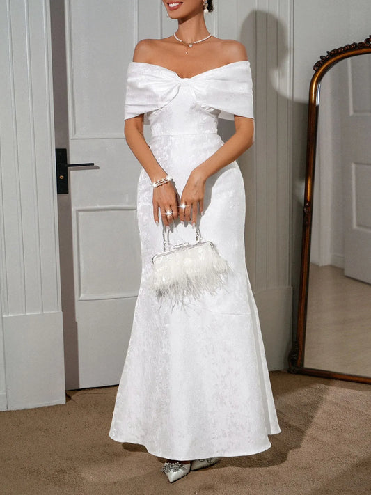 Lace-Up Off-Shoulder Maxi Dress with Statement Bow Detail White