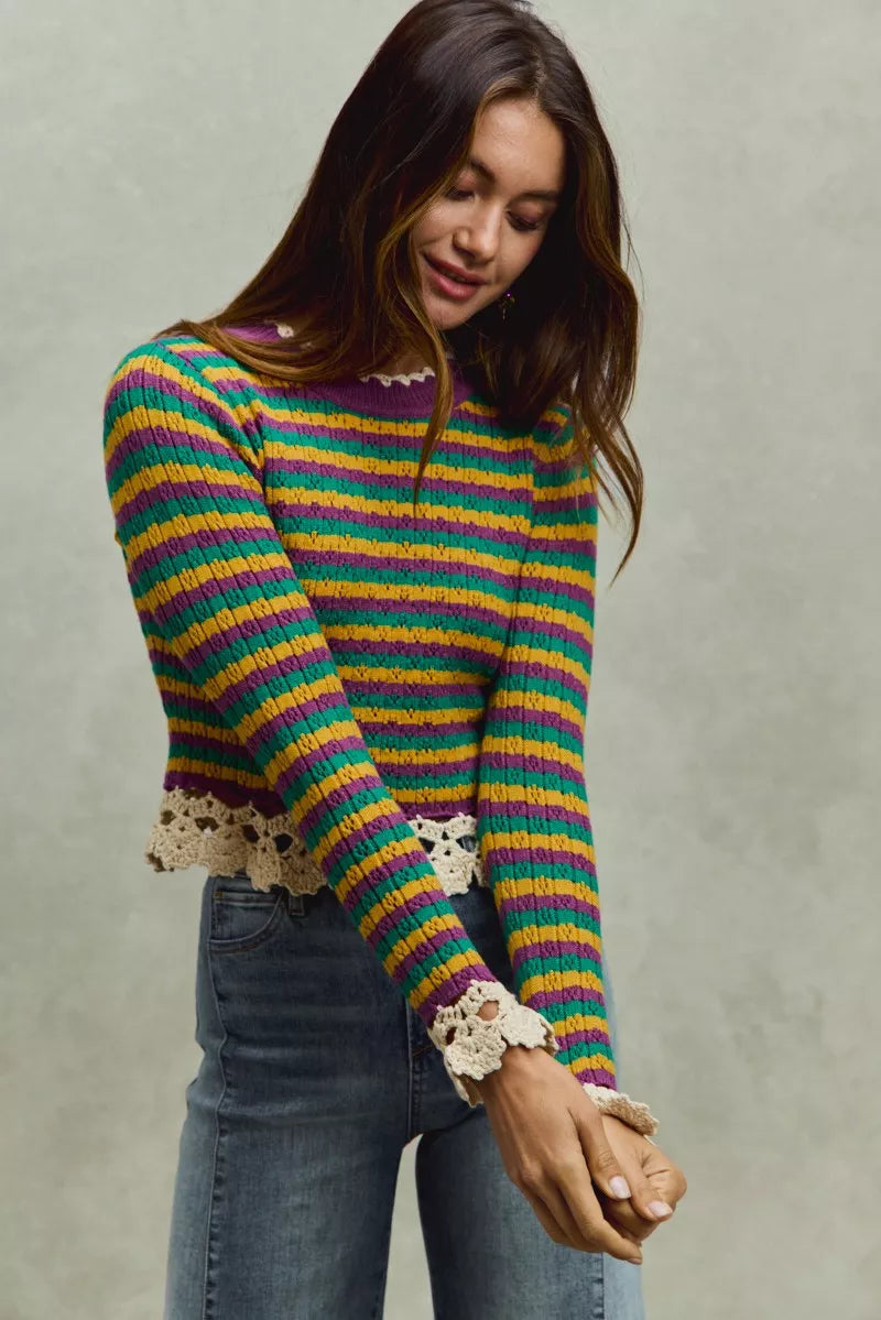 SO ME Mardi Gras Striped Crochet-Trim Cropped Knit Top