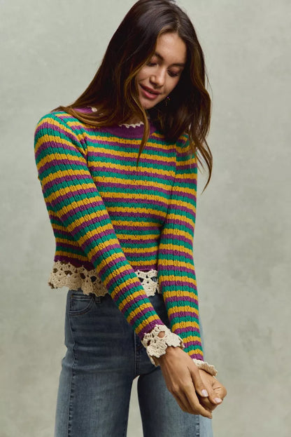 SO ME Mardi Gras Striped Crochet-Trim Cropped Knit Top