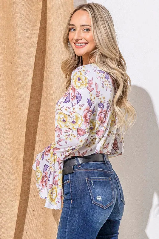 And The Why Floral Bell Sleeve Boho Top