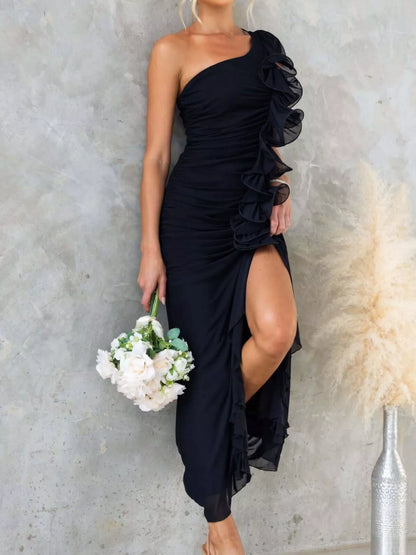 Chic One-Shoulder Ruffle Slit Evening Dress