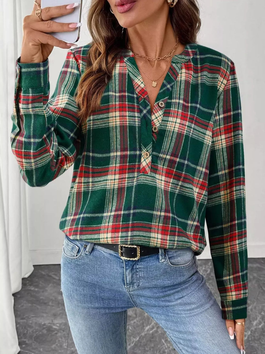 Classic Plaid Half Button Long Sleeve Blouse