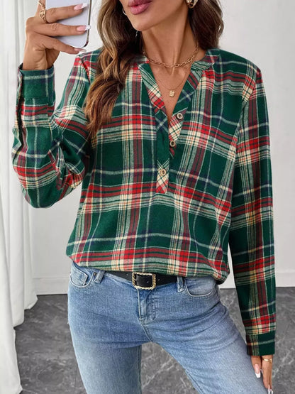 Classic Plaid Half Button Long Sleeve Blouse