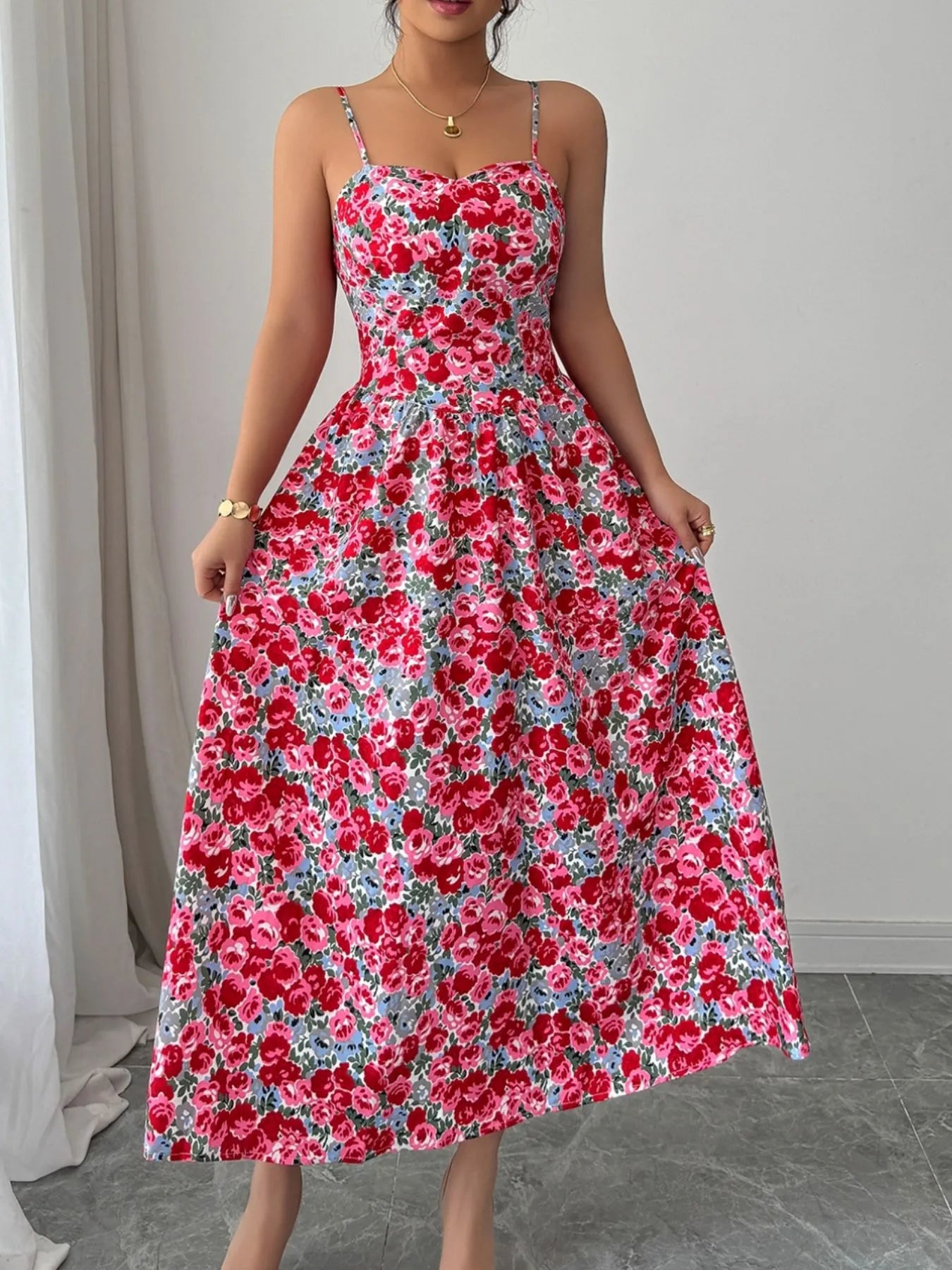 Floral Print Sweetheart Neckline Cami Maxi Dress Fuchsia Pink