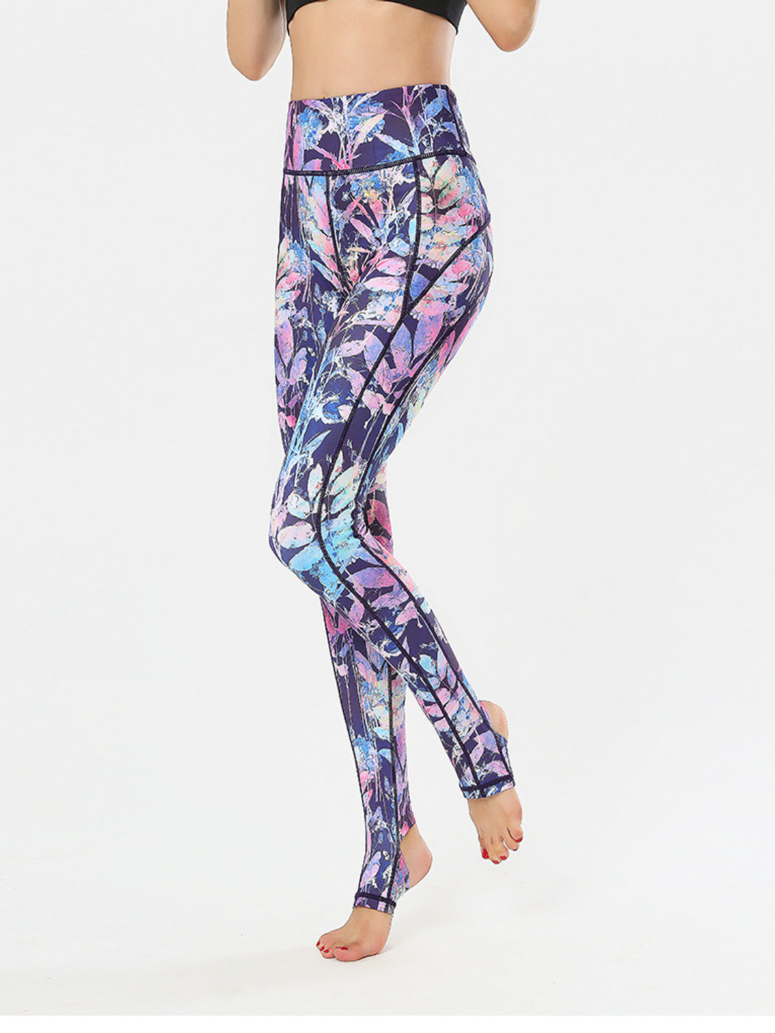 Printed Wide Waistband Active Leggings with Stirrups - High Stretch & Stylish Lavender