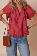 Floral Embroidered Scallop Trim Cotton Blouse Rust
