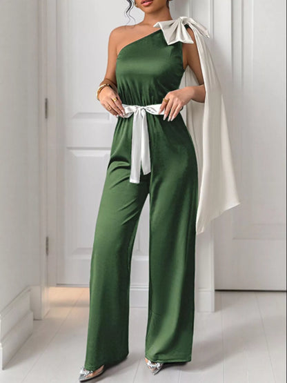 One-Shoulder Bowknot Wide-Leg Belted Jumpsuit Green