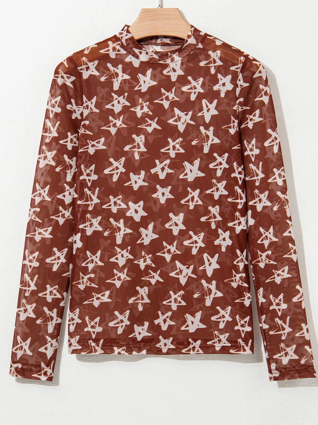 Celestia Star Print Long Sleeve Sheer Mock Neck Top