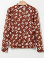 Celestia Star Print Long Sleeve Sheer Mock Neck Top