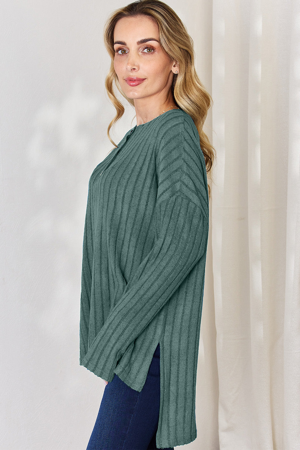 Basic Bae Ribbed Half Button Long Sleeve High-Low T-Shirt