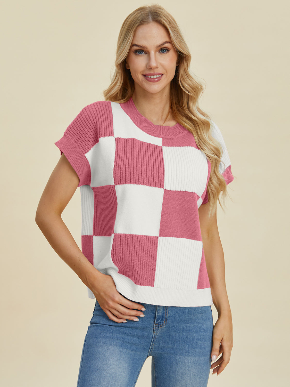 Double Take Checkered Round Neck Short Sleeve Sweater Dusky Pink