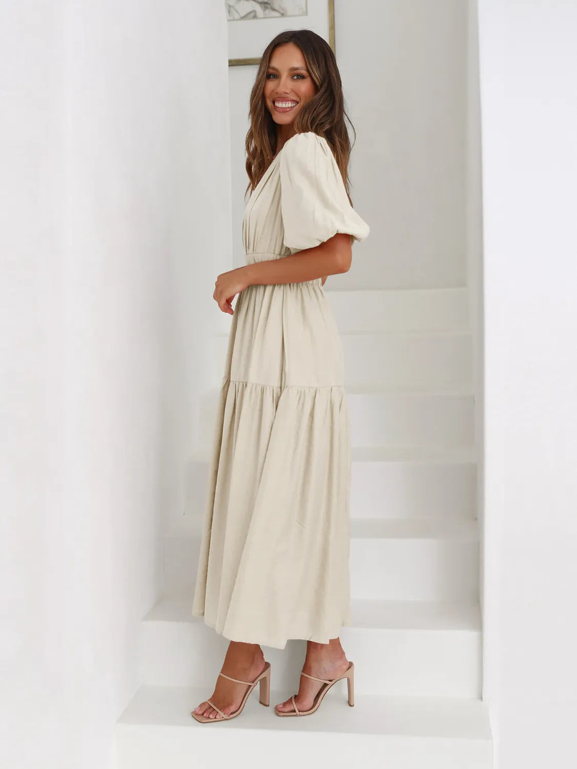 Tiered Surplice Midi Dress with Half Sleeves