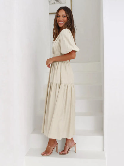 Tiered Surplice Midi Dress with Half Sleeves