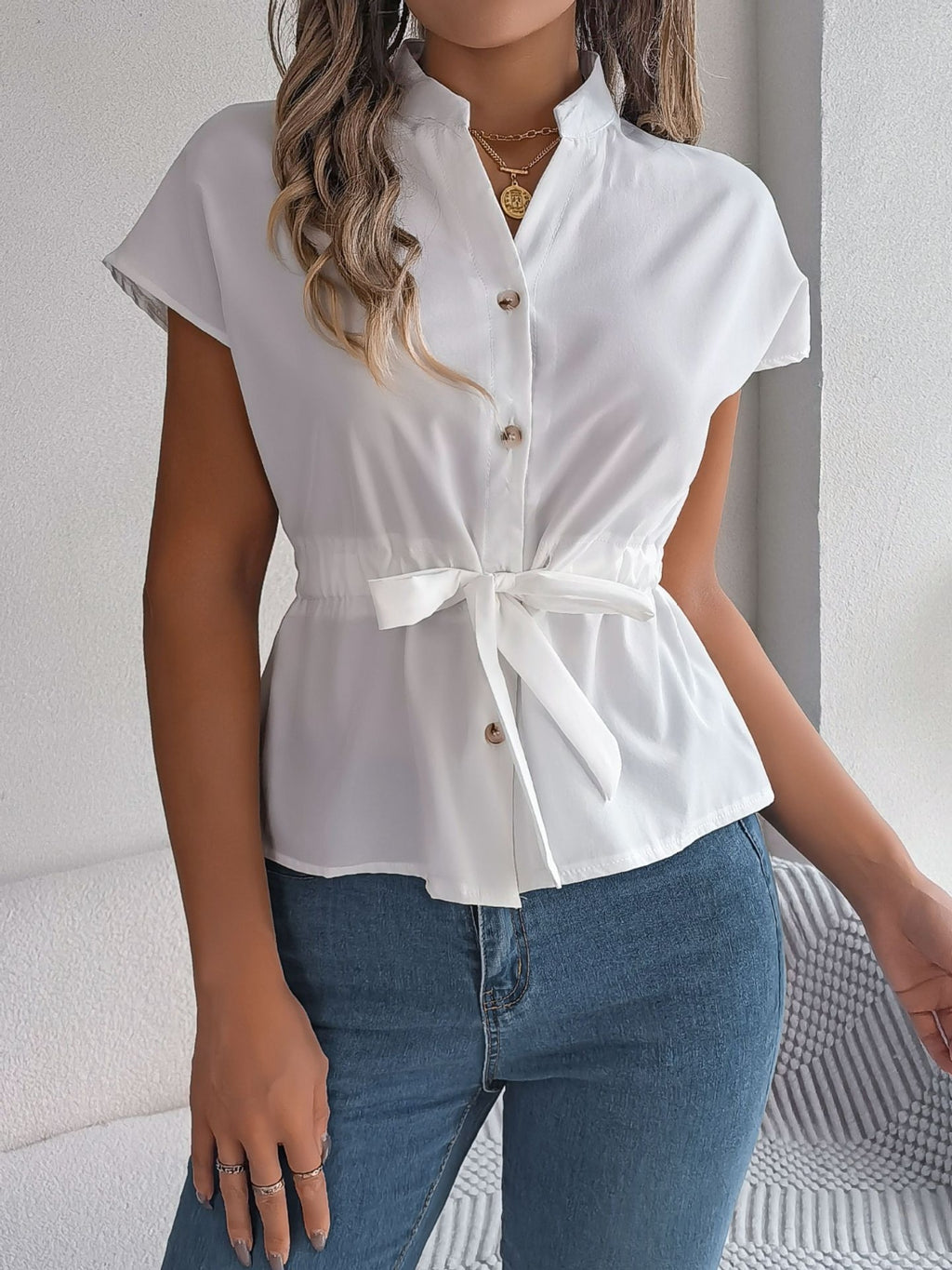 Notched Short Sleeve Blouse - Chic & Versatile