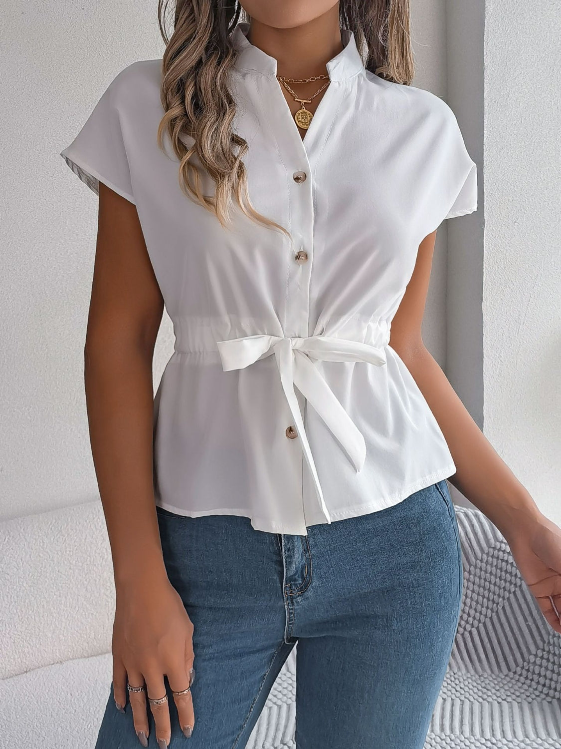 Notched Short Sleeve Blouse - Chic & Versatile