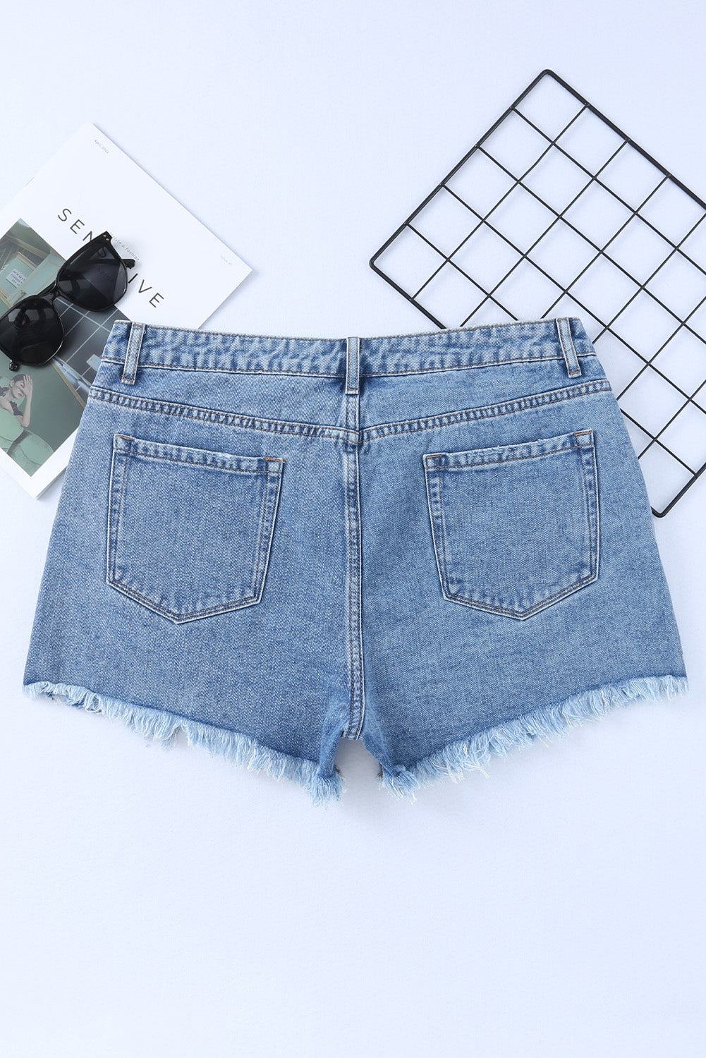 High-Rise Crossover Waist Denim Shorts - Distressed & Stylish