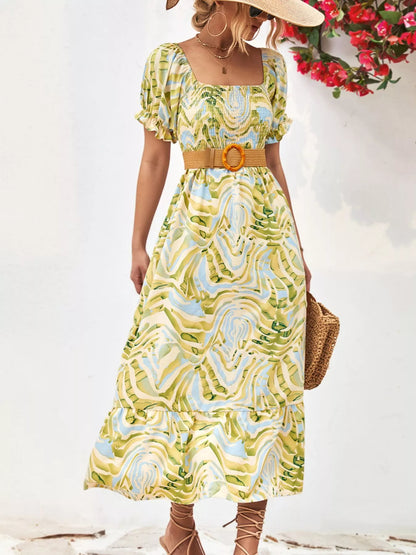 Elegant Smocked Printed Puff Sleeve Midi Dress