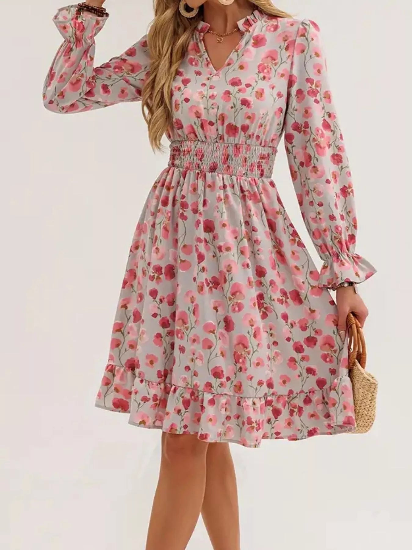 Floral Smocked Ruffled Flounce Sleeve Midi Dress