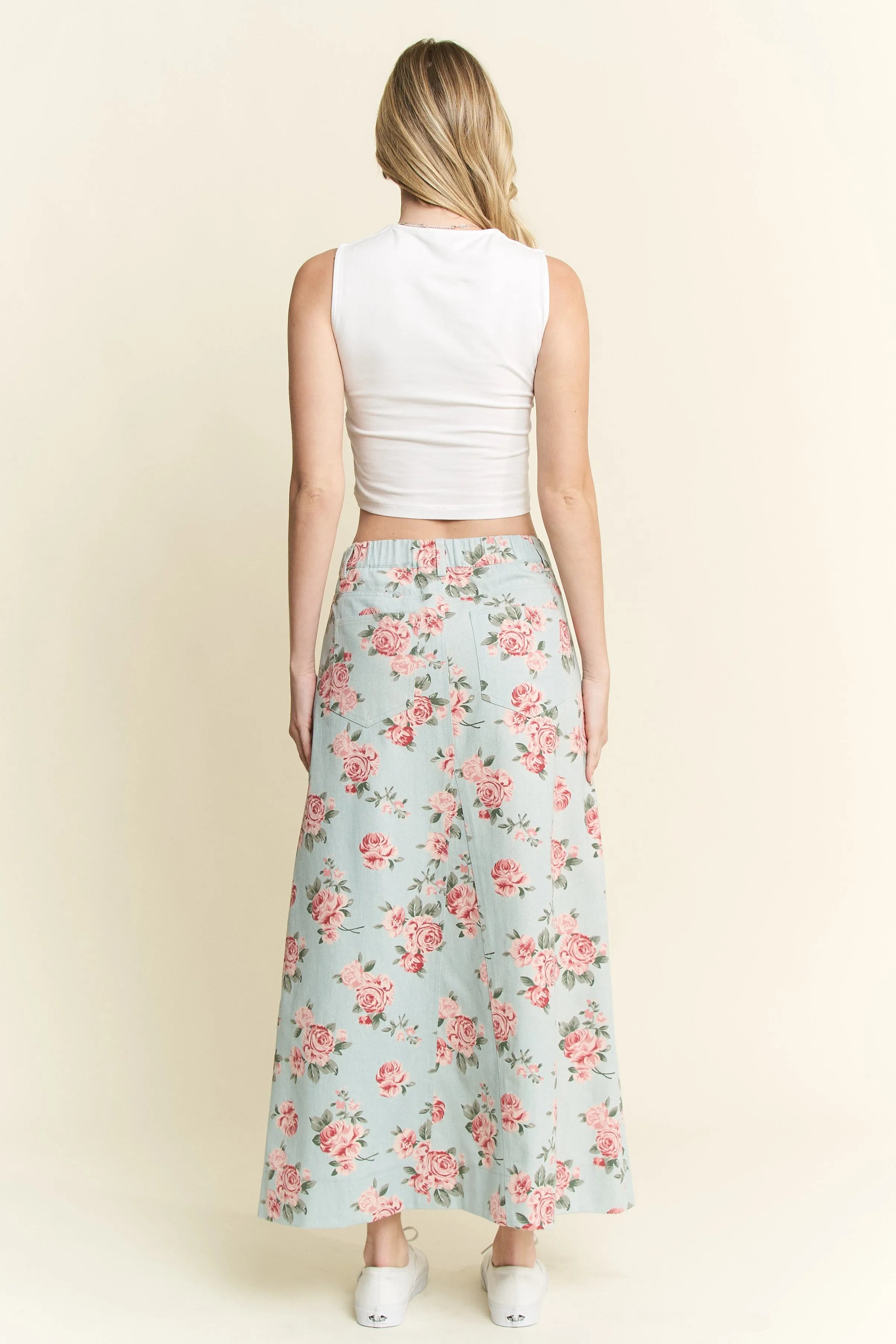 Jade By Jane Full Size Floral Print Front Slit Denim Maxi Skirt