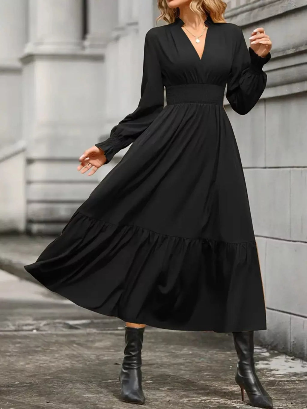 Elegant Ruched Surplice Long Sleeve Tiered Midi Dress