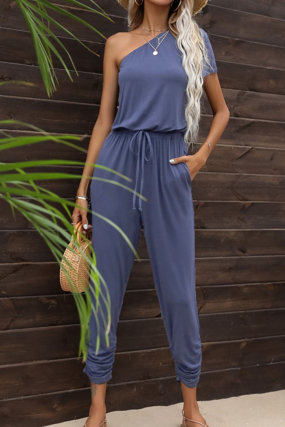 One-Shoulder Drawstring Waist Jumpsuit with Pockets Periwinkle