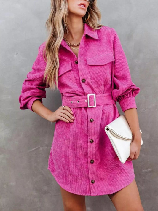 Button Front Belted Corduroy Dress with Pockets
