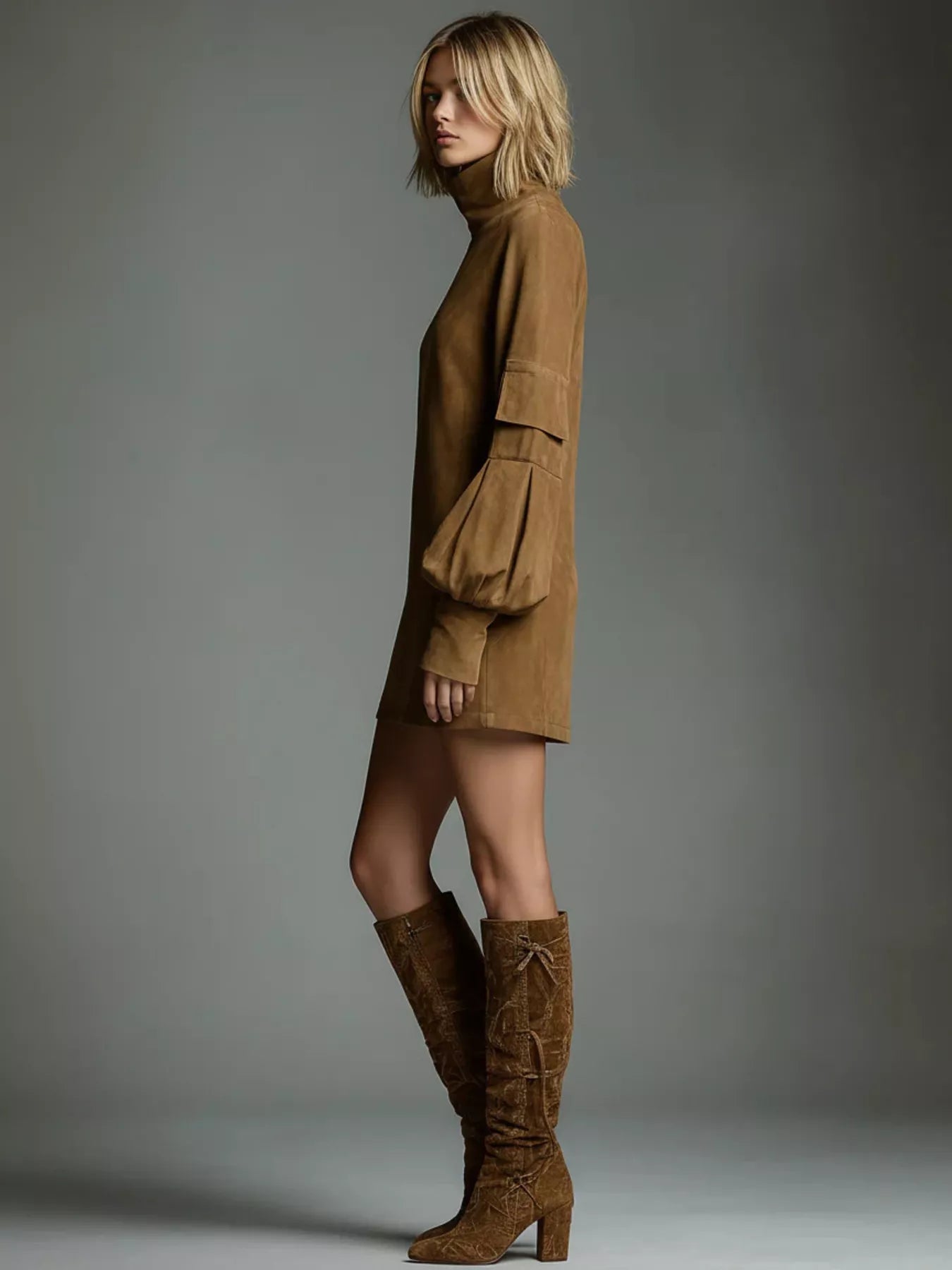 Full-Size Suede Turtleneck Lantern Sleeve Mini Dress