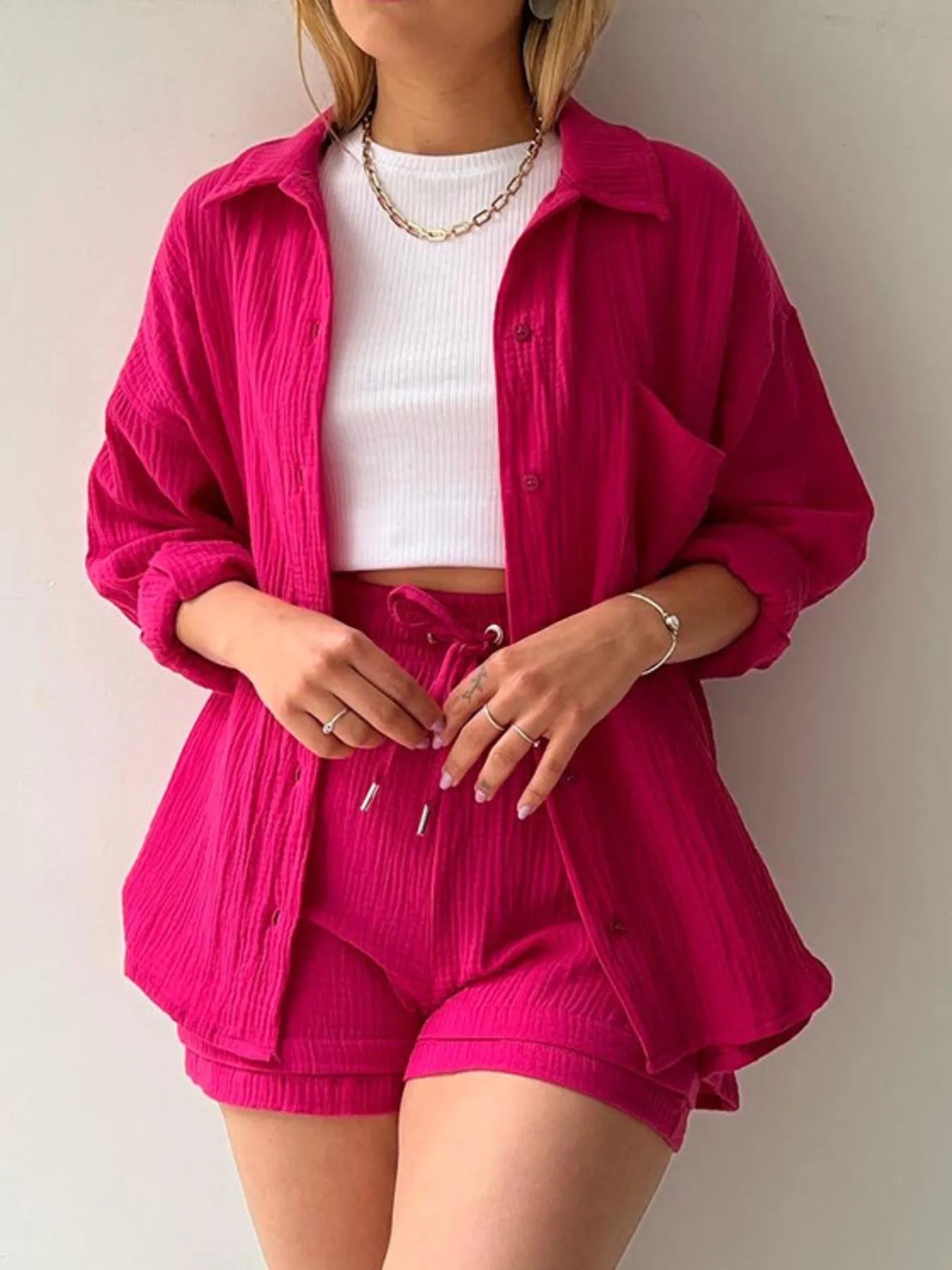 Chic Textured Button-Up Shirt & Shorts Two-Piece Set
