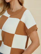 Double Take Checkered Round Neck Short Sleeve Sweater