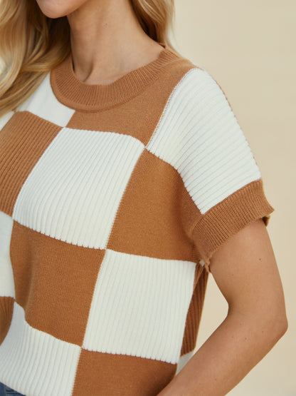 Double Take Checkered Round Neck Short Sleeve Sweater