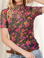 BloomMist Floral Mesh Mock Neck Short Sleeve Top Floral