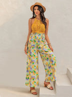 Openwork Halter-Neck Floral Wide-Leg Jumpsuit