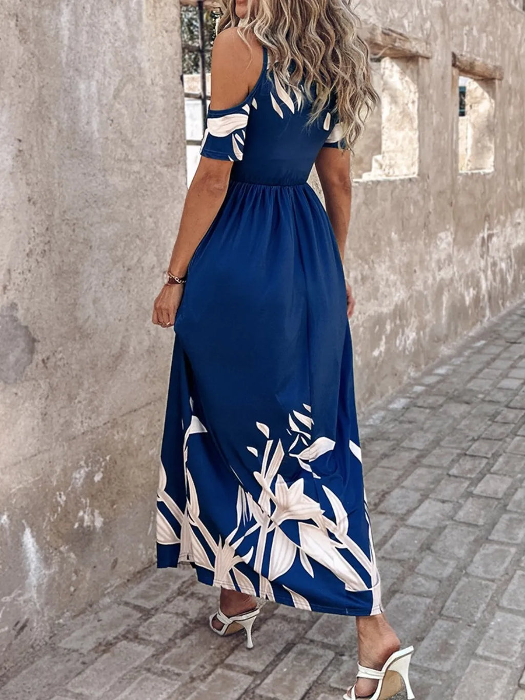 Printed Cold Shoulder Pocket Maxi Dress