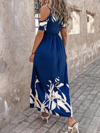 Printed Cold Shoulder Pocket Maxi Dress