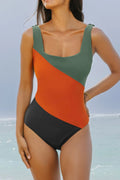 Color Block Padded Square Neck One Piece Swimsuit Multicolor