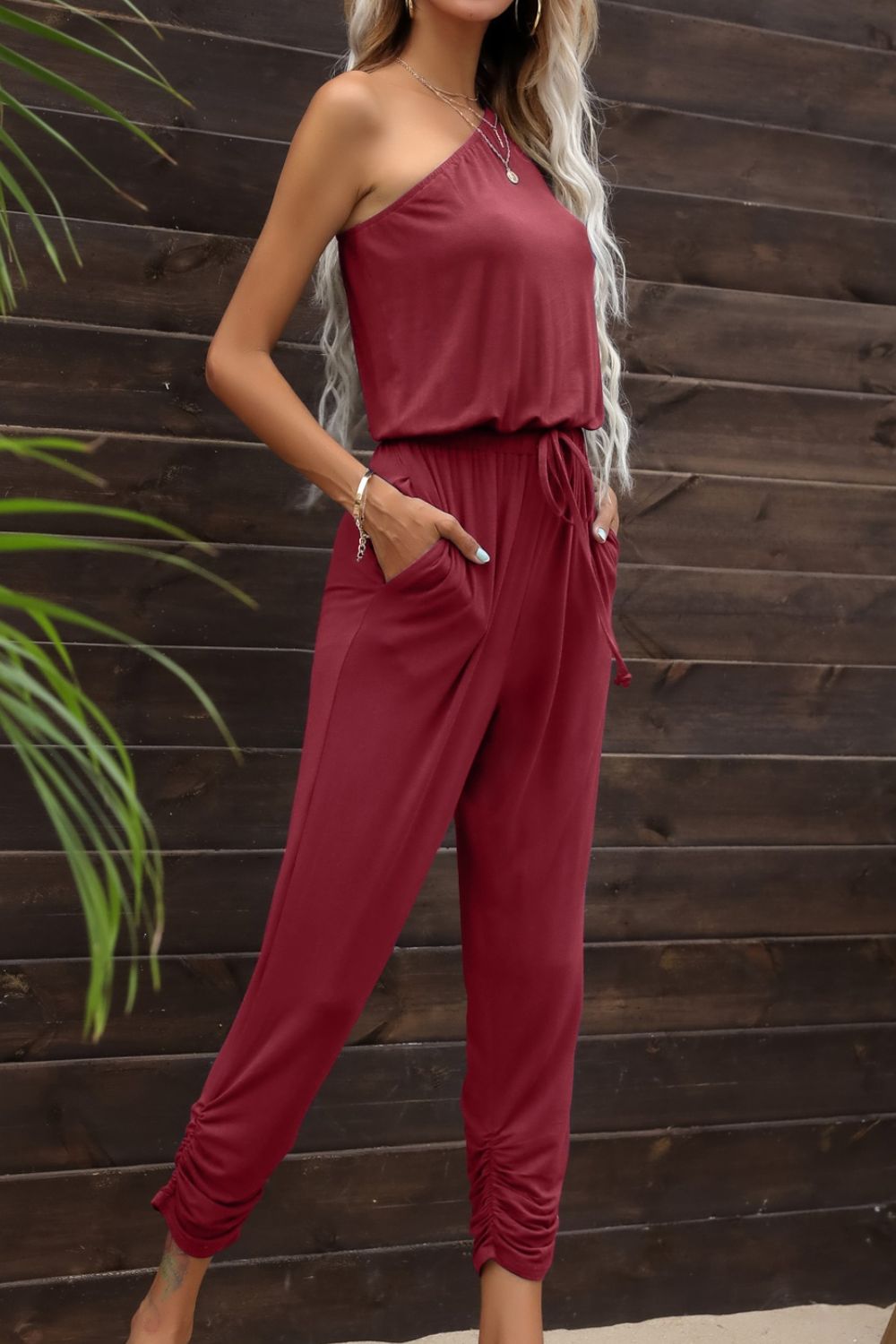 One-Shoulder Drawstring Waist Jumpsuit with Pockets