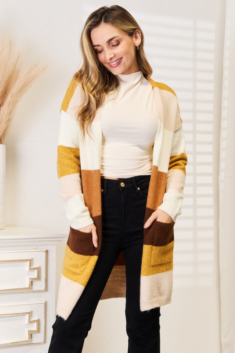 Woven Right Color Block Cardigan with Dropped Shoulders Brown Tan Stripe