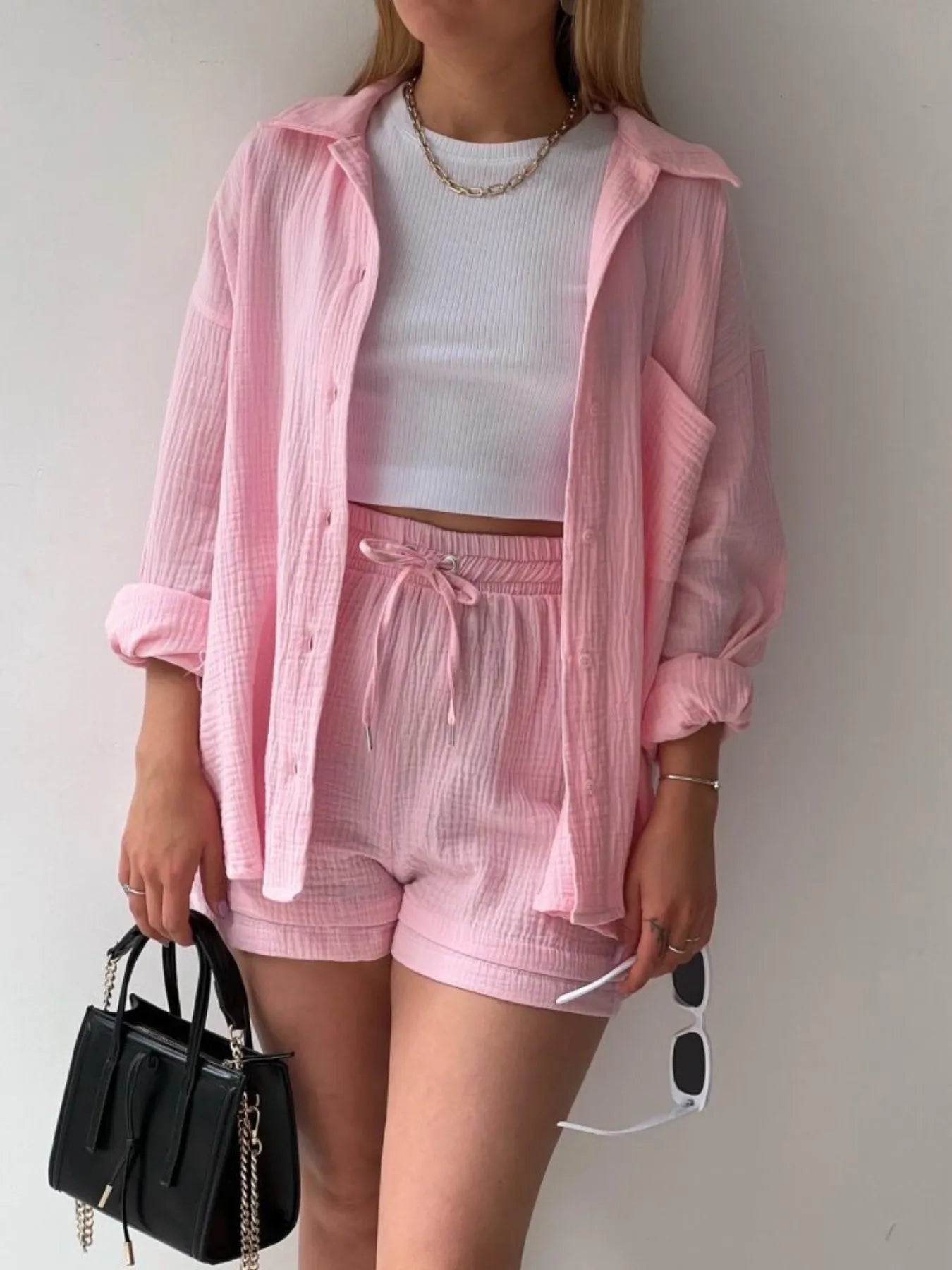 Chic Textured Button-Up Shirt & Shorts Two-Piece Set Pink