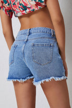 High-Rise Crossover Waist Denim Shorts - Distressed & Stylish