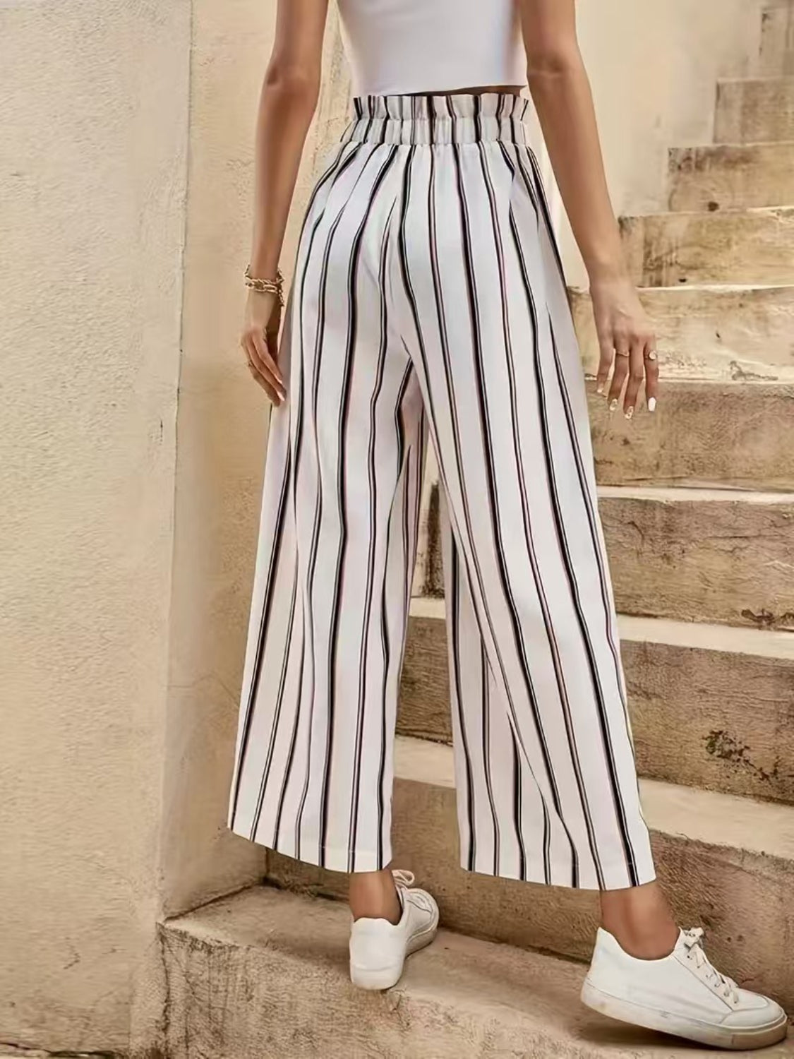 Tied Striped Wide-Leg Pants - Comfortable & Elegant