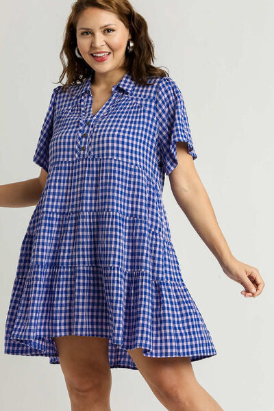 Umgee Full Size Gingham Tiered Button Detail Short Sleeve Dress