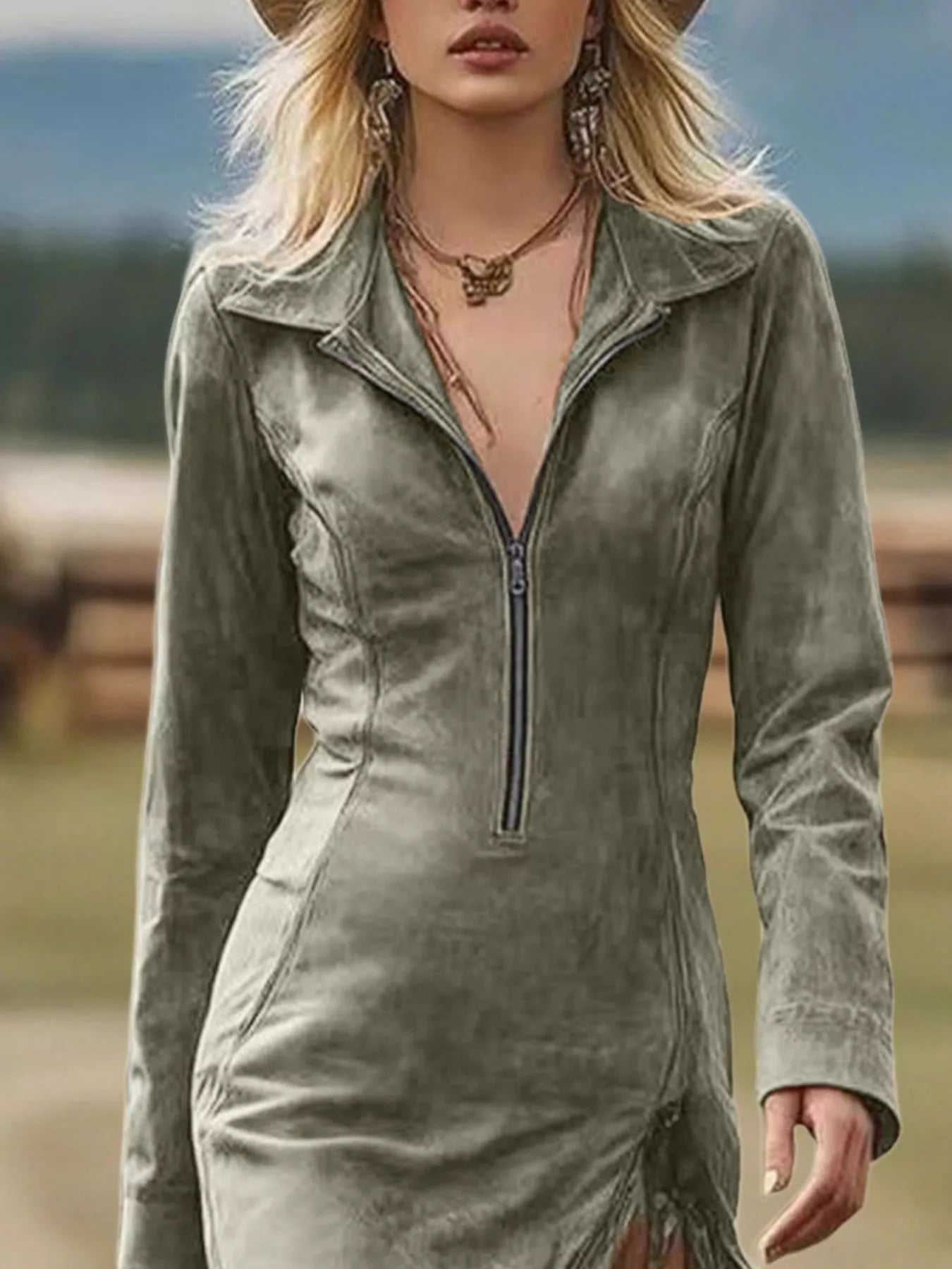 Full-Size Fringe Hem Zip-Front Bodycon Dress